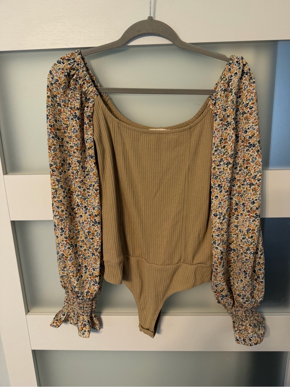 Promesa Ribbed Tan Bodysuit with Floral Puff Sleeves